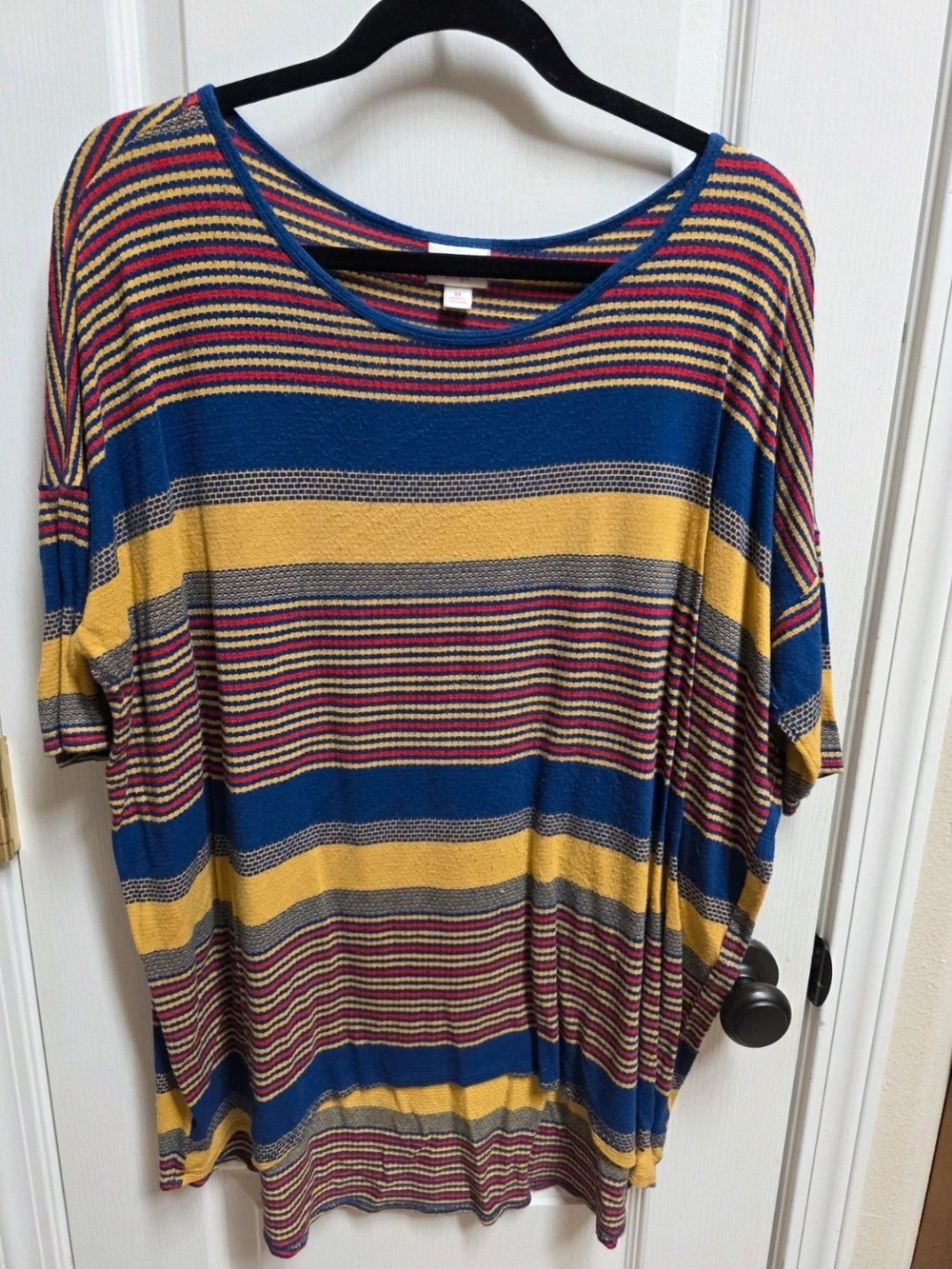 LuLaRoe Striped Short Sleeve Top in Blue, Mustard & Pink